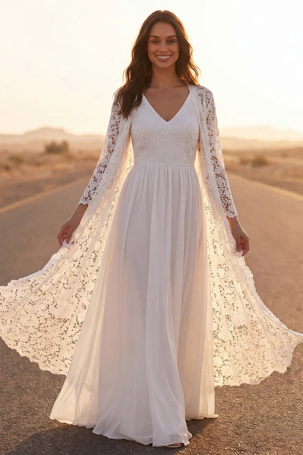 Modern Romantic V-Neck Lace Chiffon A-Line Wedding Dress with Detachable Lace Kimono