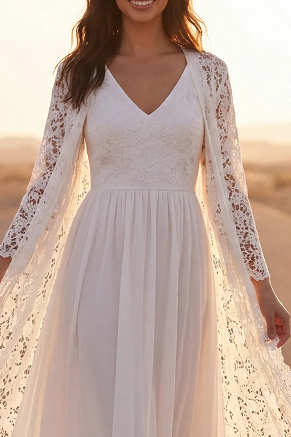 Modern Romantic V-Neck Lace Chiffon A-Line Wedding Dress with Detachable Lace Kimono