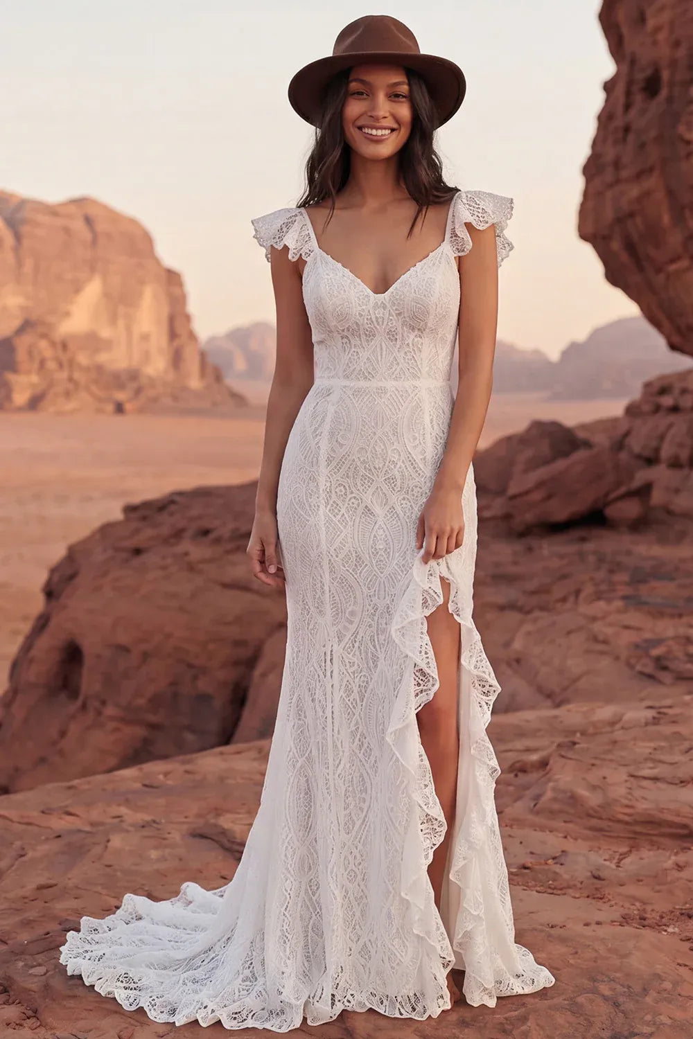 Modern V-Neck Flutter Strap Lace Mermaid Wedding Dress Sleeveless Brush Train with Slit