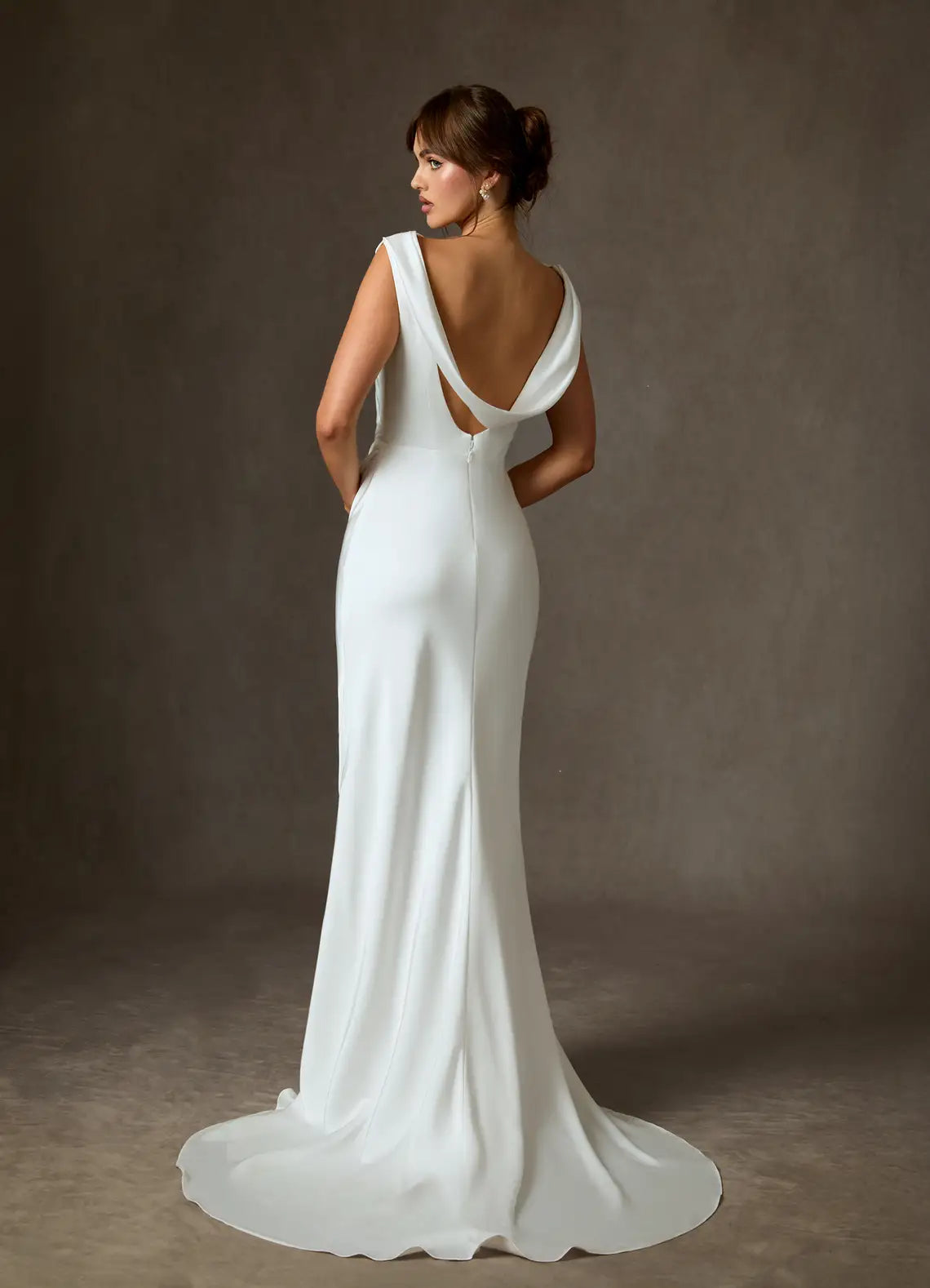 Modern, Minimalist Aesthetic Cowl Neck Satin Mermaid Lightweight  fabric Wedding Dress with Open Back