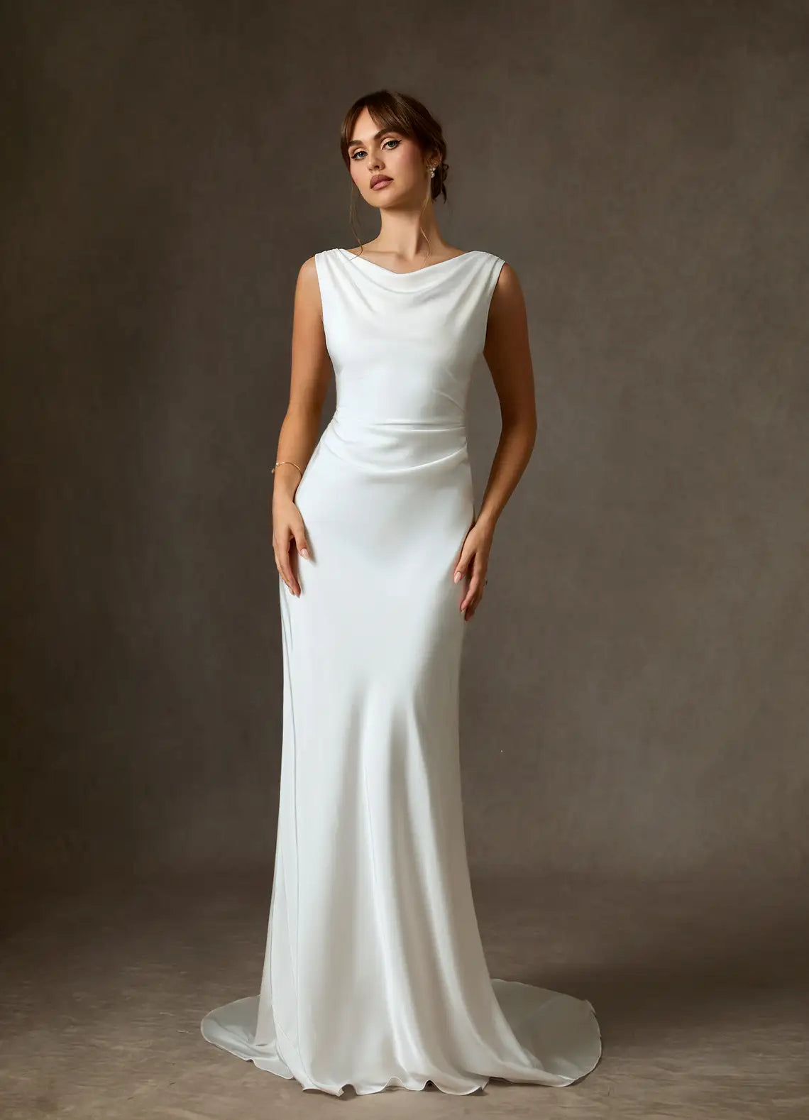 Modern, Minimalist Aesthetic Cowl Neck Satin Mermaid Lightweight  fabric Wedding Dress with Open Back