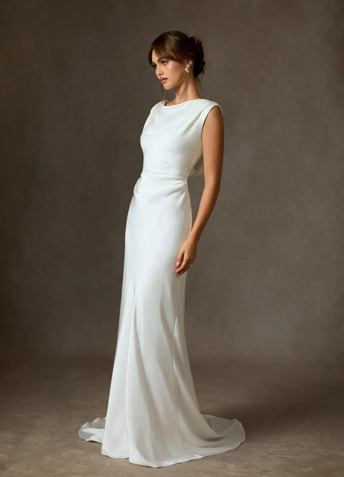 Modern, Minimalist Aesthetic Cowl Neck Satin Mermaid Lightweight  fabric Wedding Dress with Open Back