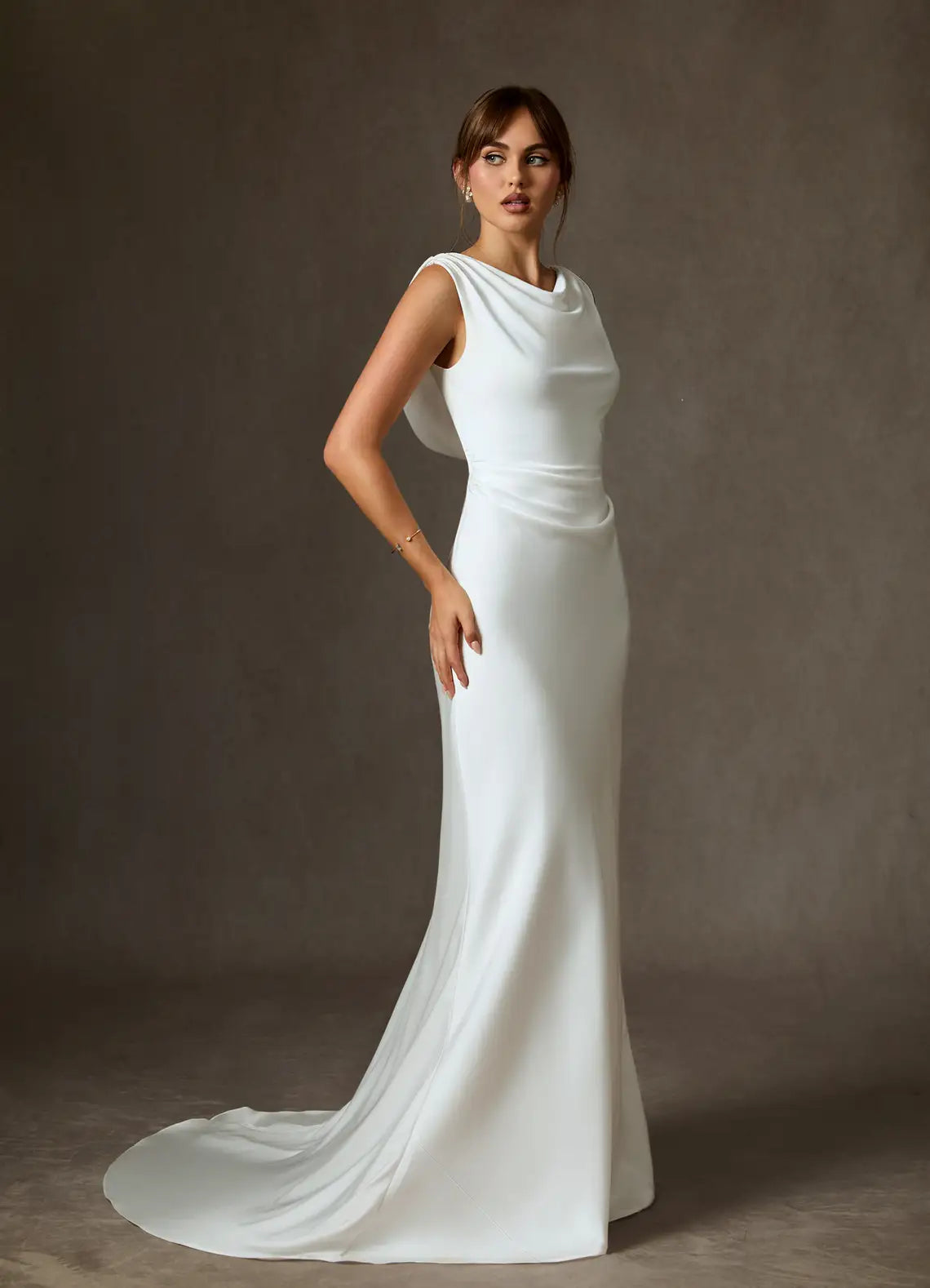 Modern, Minimalist Aesthetic Cowl Neck Satin Mermaid Lightweight  fabric Wedding Dress with Open Back