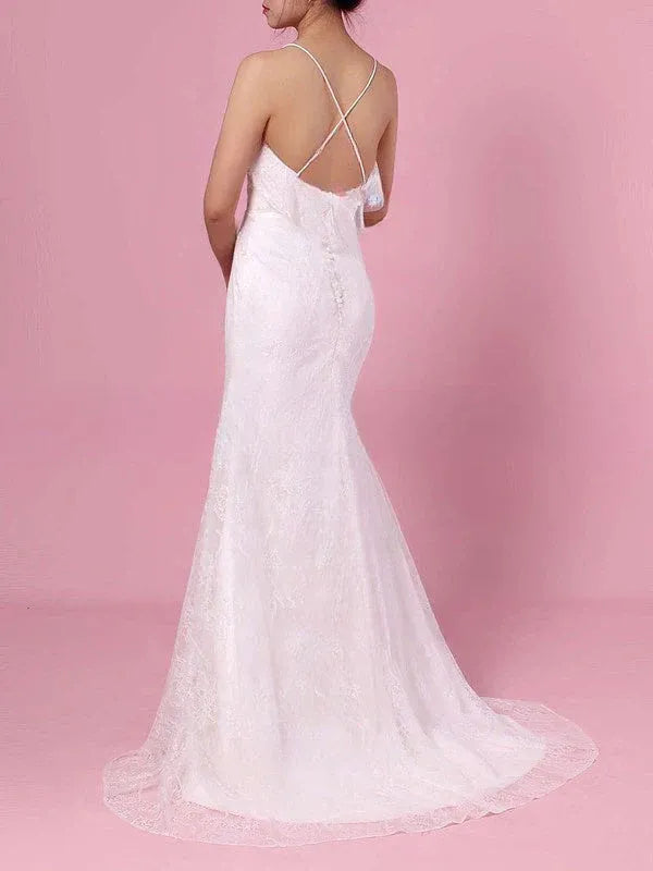 Modern, Minimalist Aesthetic Spaghetti Strap Lace Mermaid Wedding Dress with Ruffled V-Neck