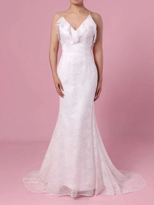 Modern, Minimalist Aesthetic Spaghetti Strap Lace Mermaid Wedding Dress with Ruffled V-Neck