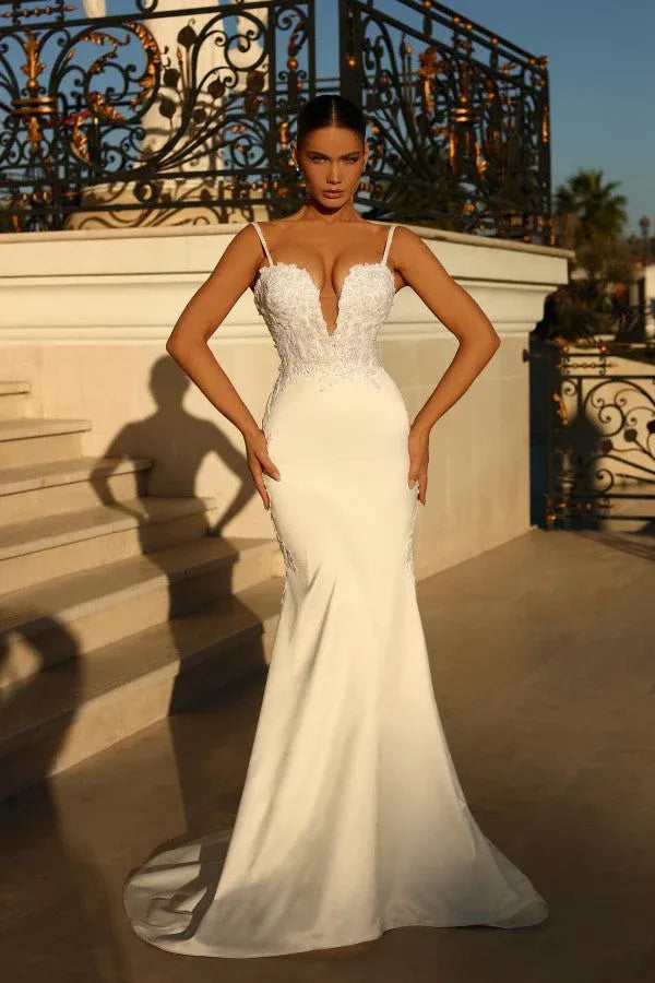 Modern, glamorous aesthetic Spaghetti Strap Lace and Satin Mermaid Brush Trai Wedding Dress