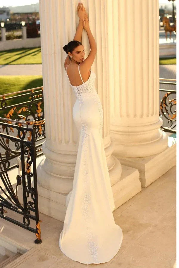 Modern, glamorous aesthetic Spaghetti Strap Lace and Satin Mermaid Brush Trai Wedding Dress