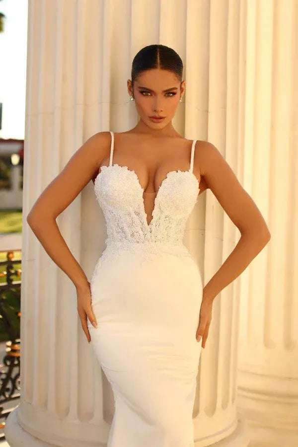 Modern, glamorous aesthetic Spaghetti Strap Lace and Satin Mermaid Brush Trai Wedding Dress