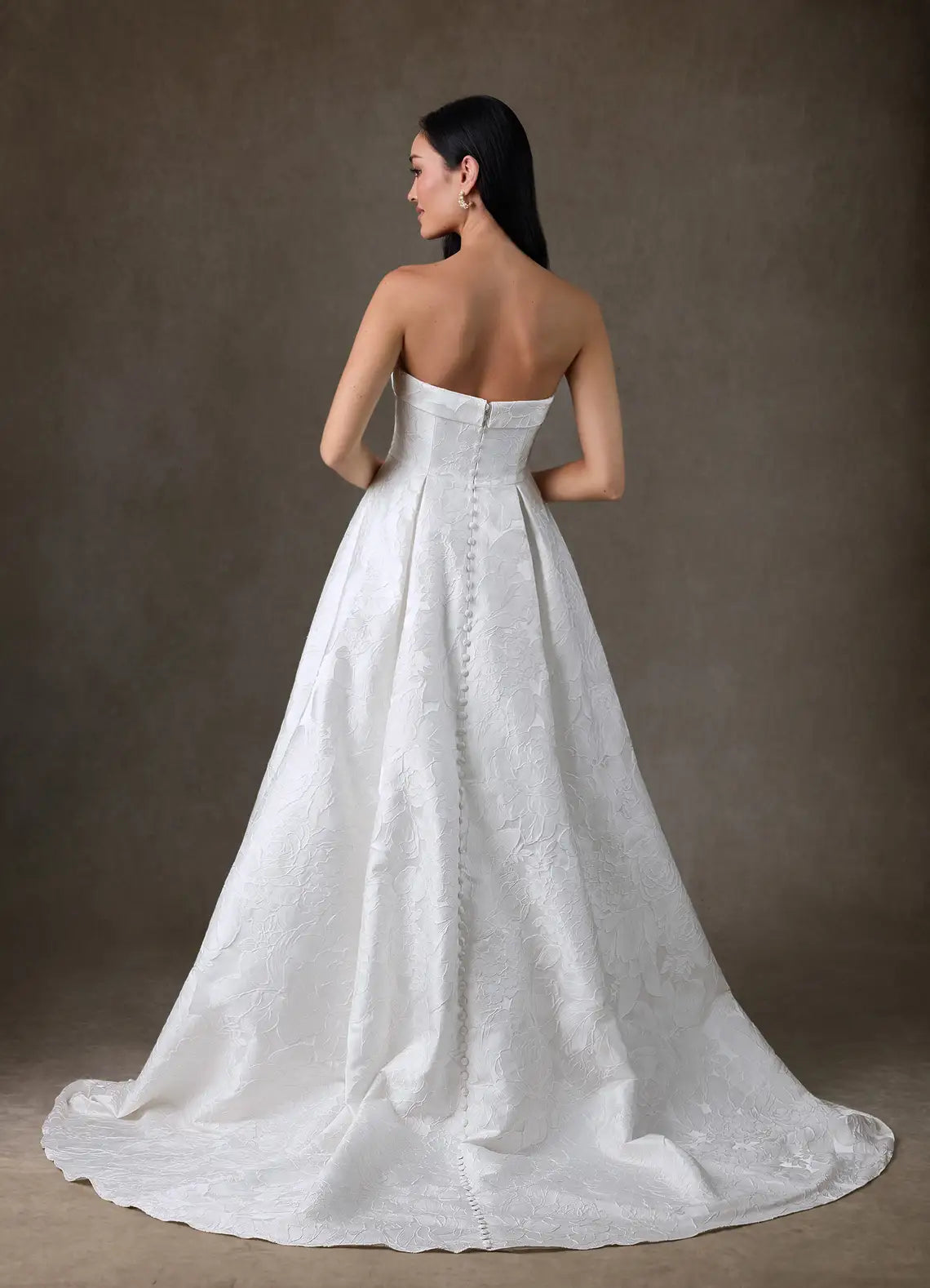Modern, minimalist aesthetic Strapless Floral Jacquard Ball Gown Wedding Dress with Optional Spaghetti Straps