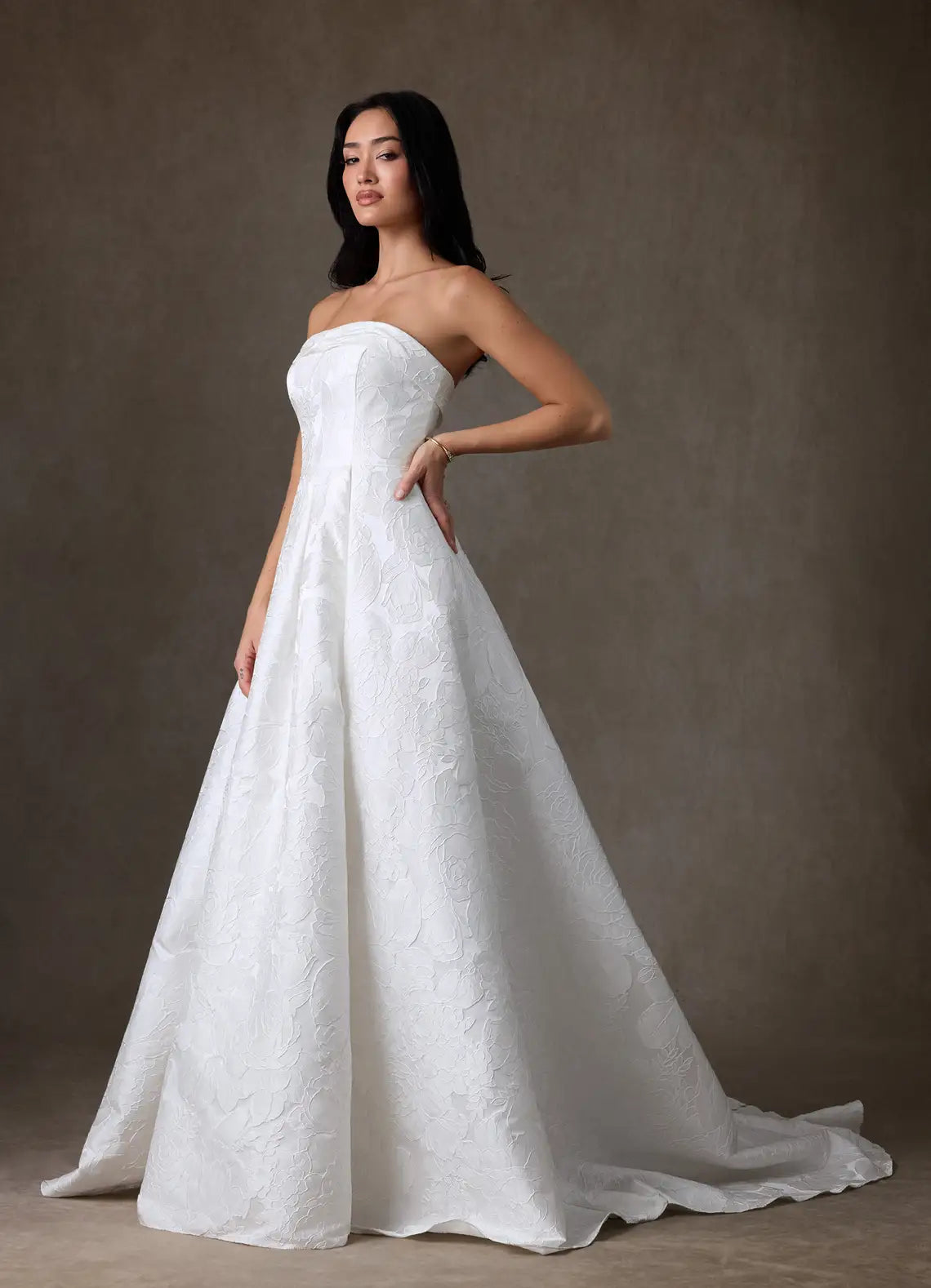 Modern, minimalist aesthetic Strapless Floral Jacquard Ball Gown Wedding Dress with Optional Spaghetti Straps