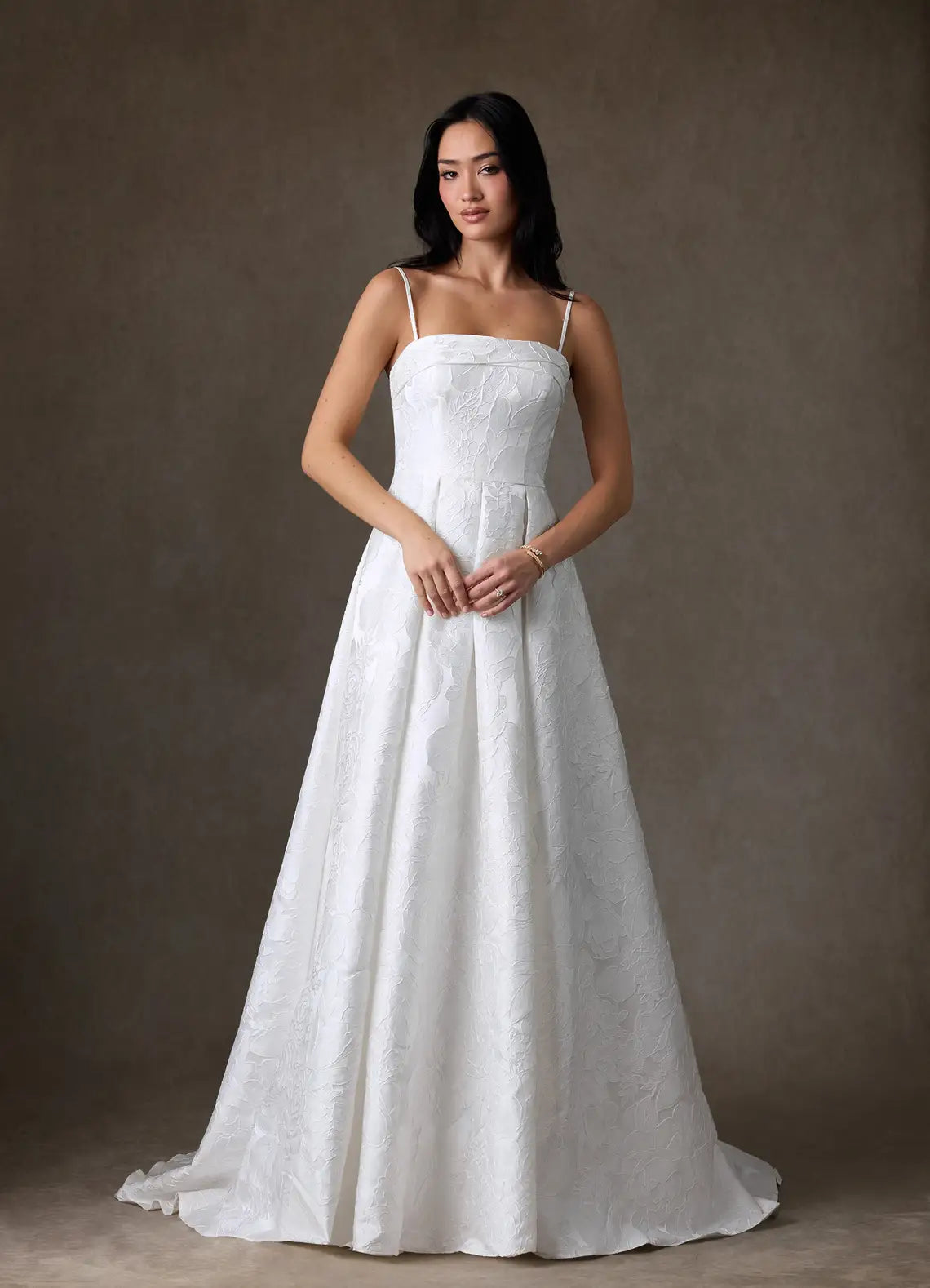 Modern, minimalist aesthetic Strapless Floral Jacquard Ball Gown Wedding Dress with Optional Spaghetti Straps