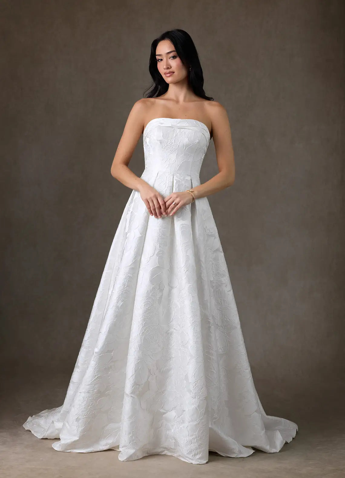 Modern, minimalist aesthetic Strapless Floral Jacquard Ball Gown Wedding Dress with Optional Spaghetti Straps