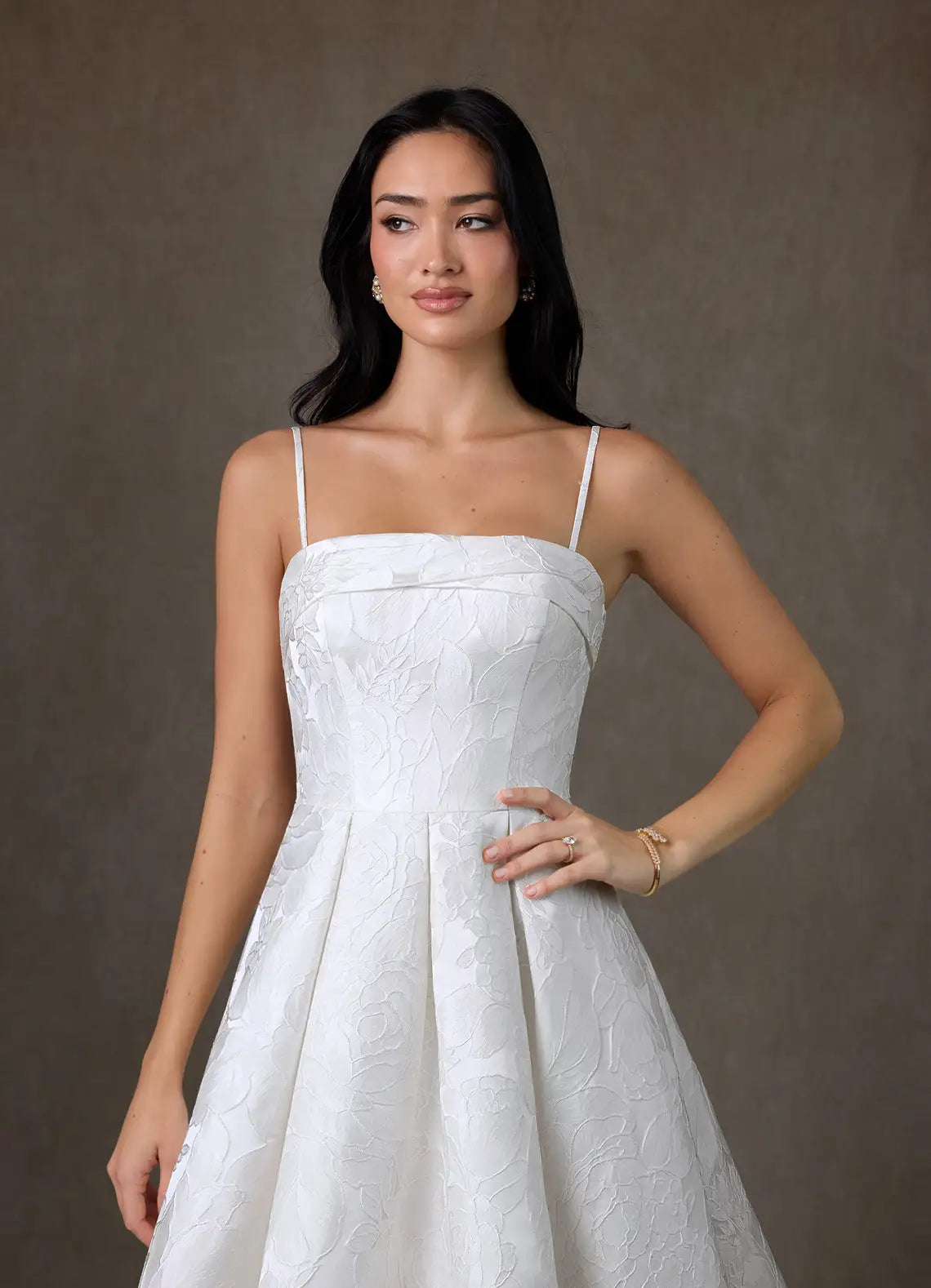 Modern, minimalist aesthetic Strapless Floral Jacquard Ball Gown Wedding Dress with Optional Spaghetti Straps