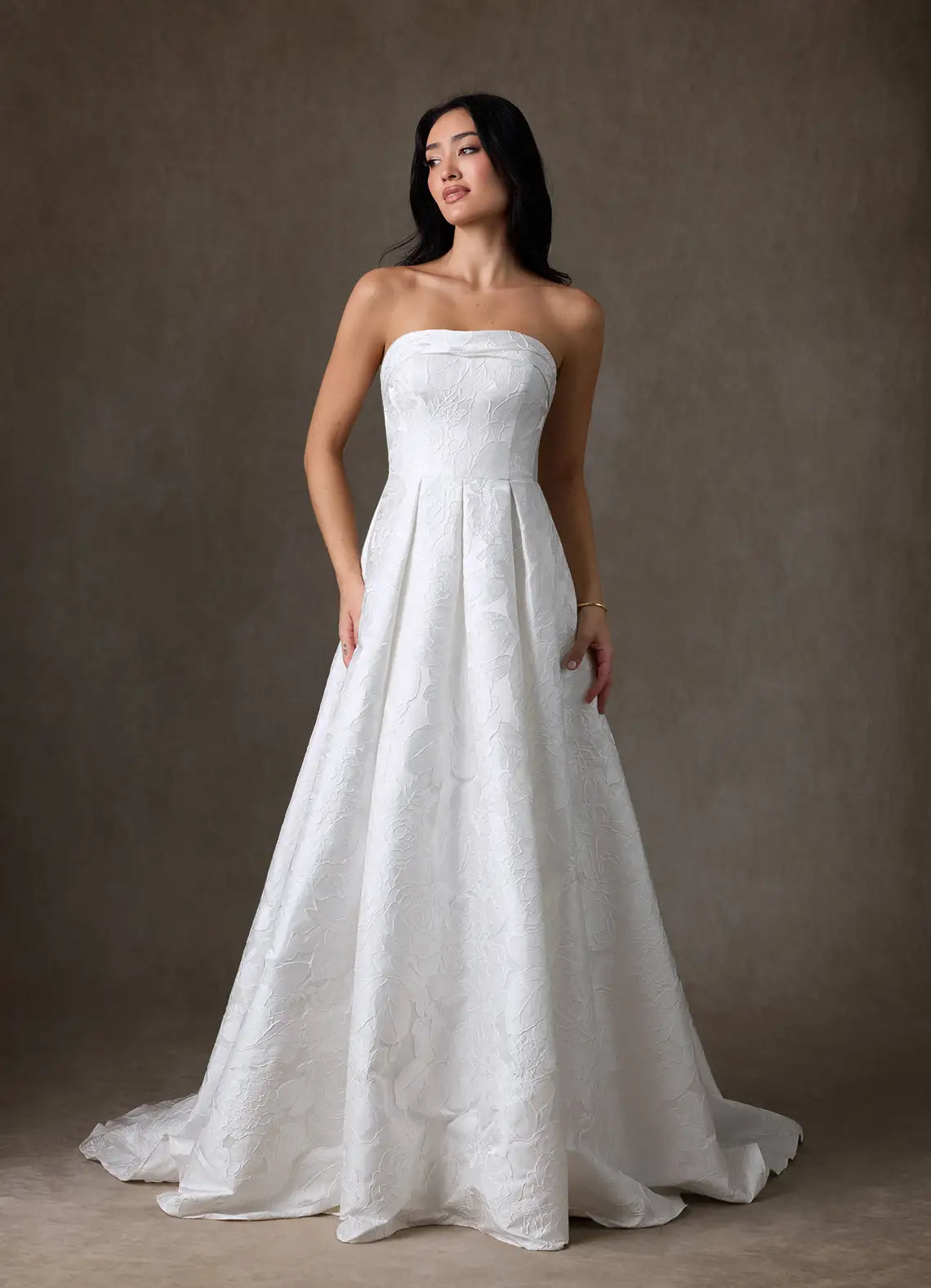 Modern, minimalist aesthetic Strapless Floral Jacquard Ball Gown Wedding Dress with Optional Spaghetti Straps