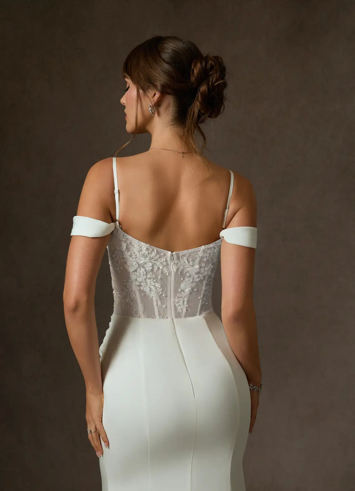 Modern romantic aesthetic Convertible Off-the-Shoulder Lace Corset Crepe Mermaid Wedding Dress with Slit