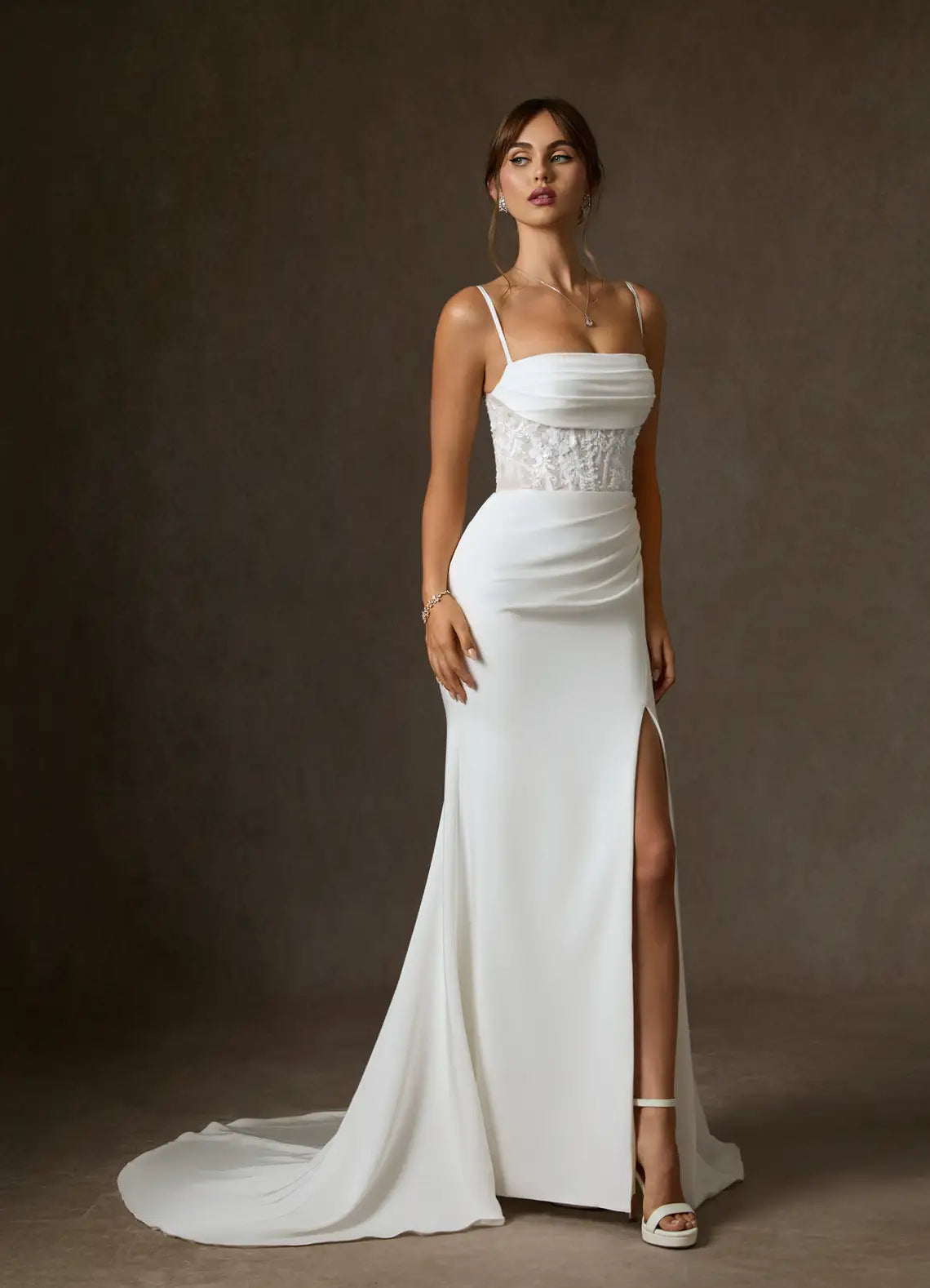 Modern romantic aesthetic Convertible Off-the-Shoulder Lace Corset Crepe Mermaid Wedding Dress with Slit