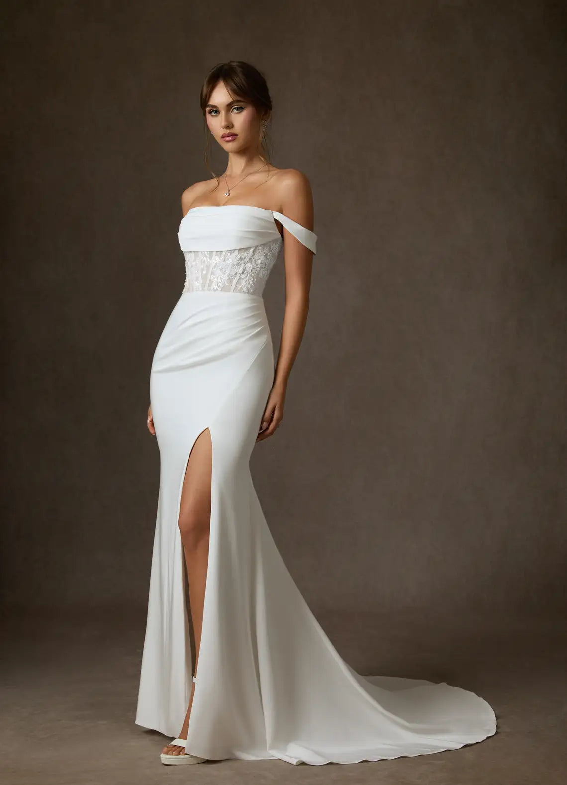 Modern romantic aesthetic Convertible Off-the-Shoulder Lace Corset Crepe Mermaid Wedding Dress with Slit
