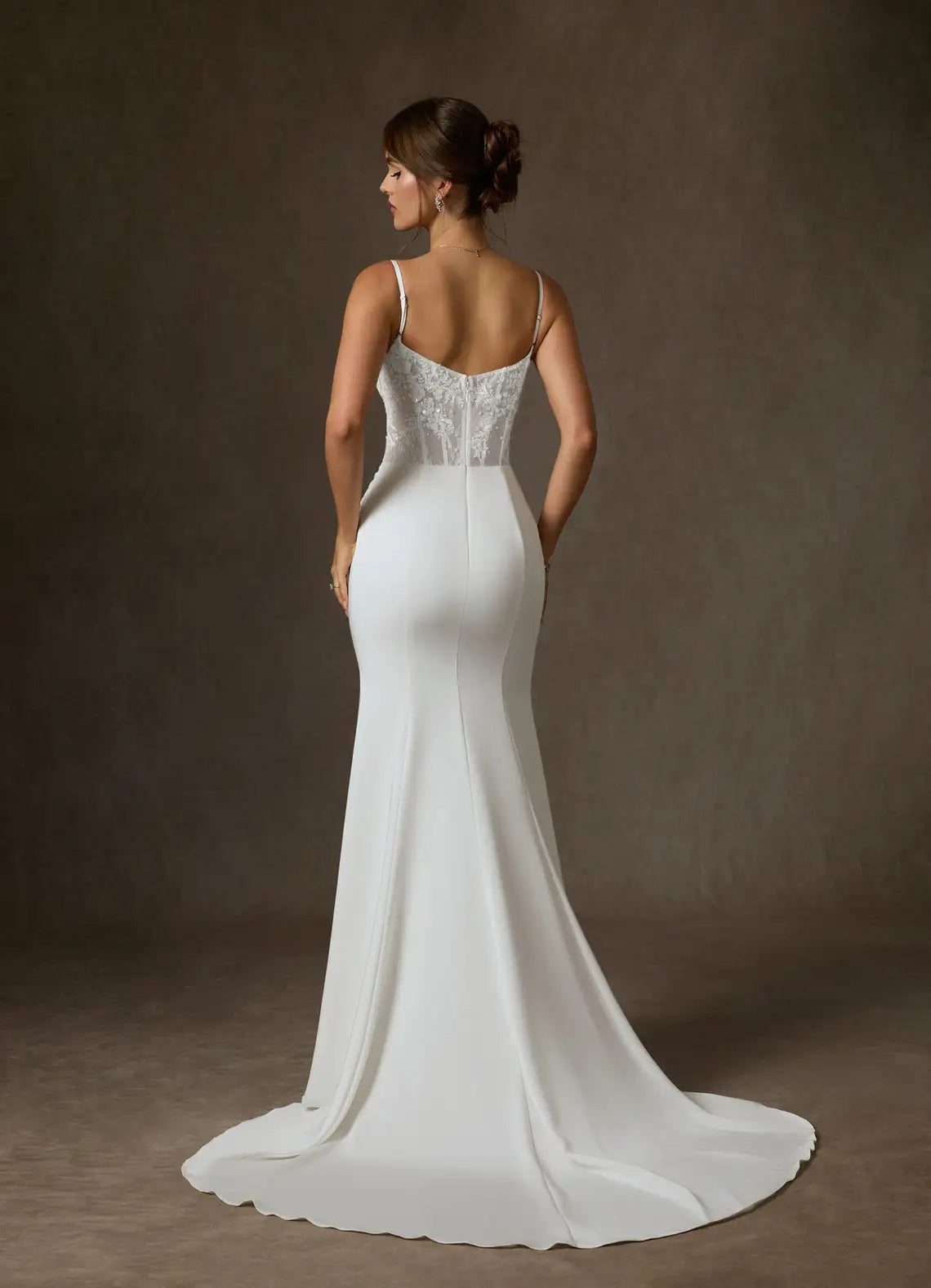 Modern romantic aesthetic Convertible Off-the-Shoulder Lace Corset Crepe Mermaid Wedding Dress with Slit