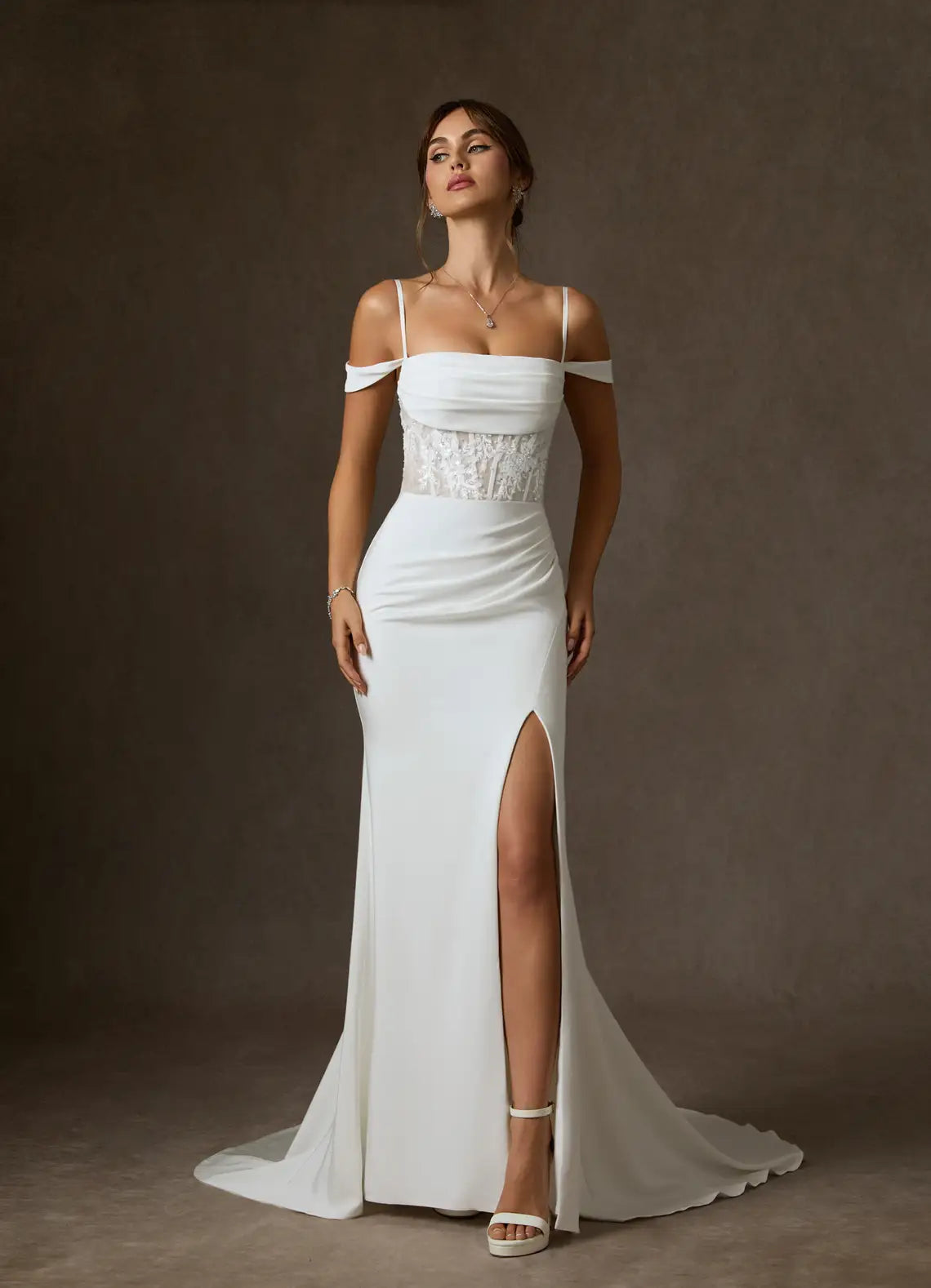 Modern romantic aesthetic Convertible Off-the-Shoulder Lace Corset Crepe Mermaid Wedding Dress with Slit