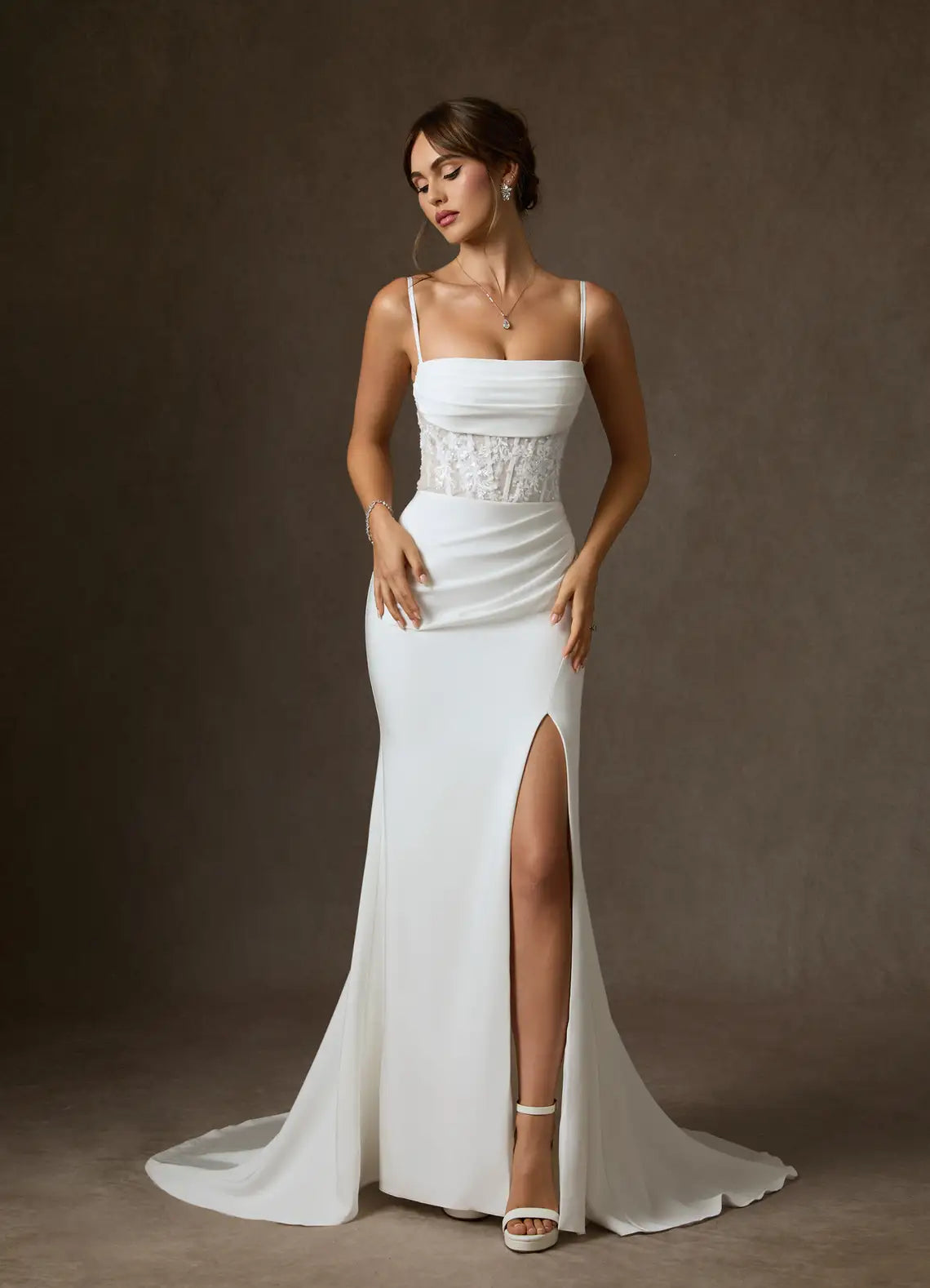 Modern romantic aesthetic Convertible Off-the-Shoulder Lace Corset Crepe Mermaid Wedding Dress with Slit