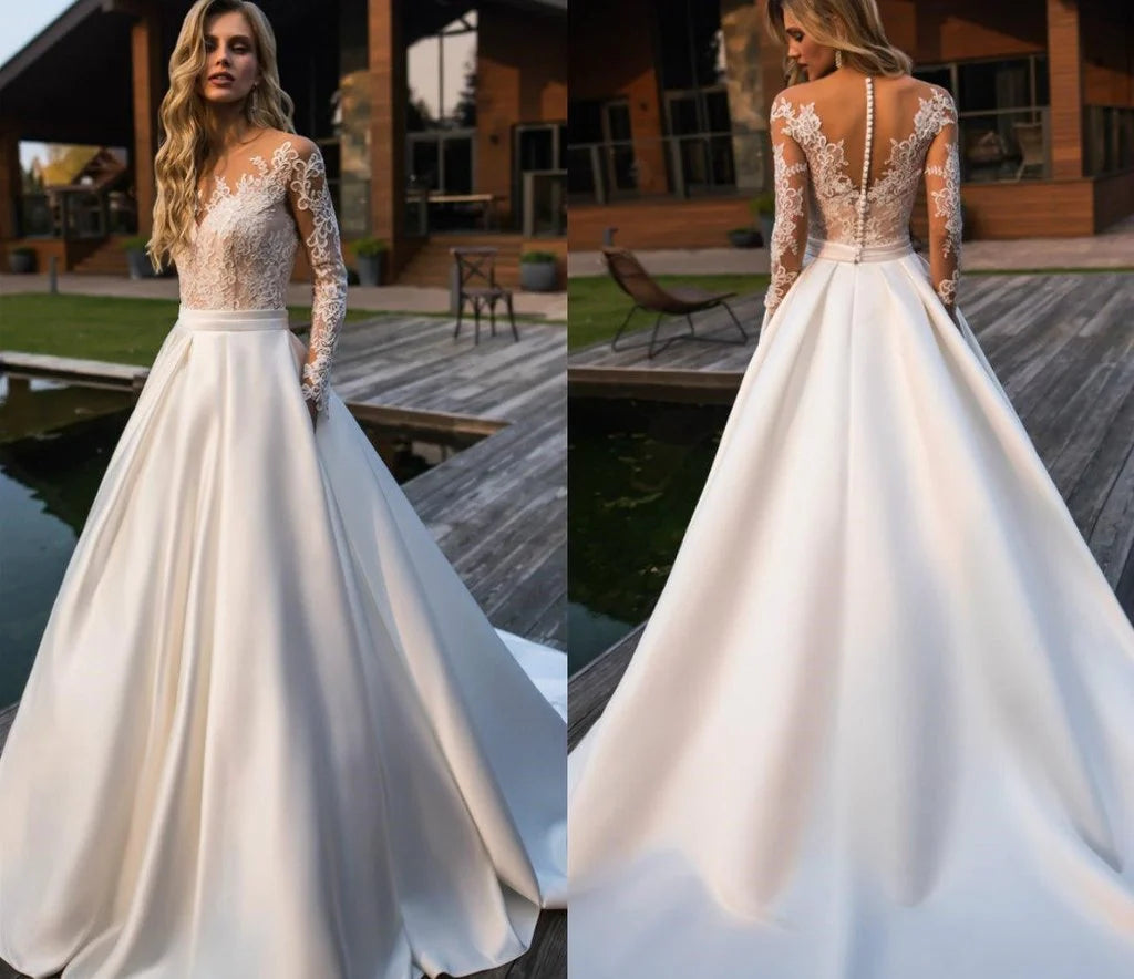 DingjiweddingDress Modest Custom Made Long Sleeves Satin & Lace Long Wedding Dresses