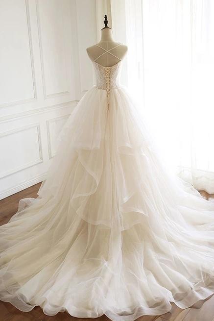 Modest Spaghetti Straps Long Ball Gown Lace Up Wedding Dresses