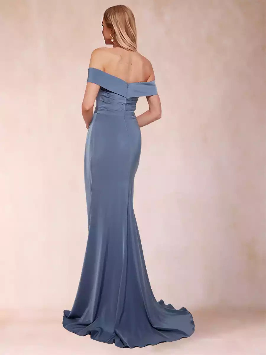 Mother of the Bride Dresses, a slim fit/straight off shoulder sleeveless pleated satin with full charm