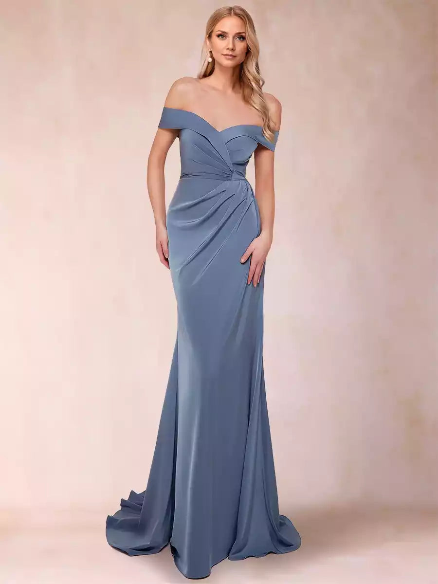 Mother of the Bride Dresses, a slim fit/straight off shoulder sleeveless pleated satin with full charm