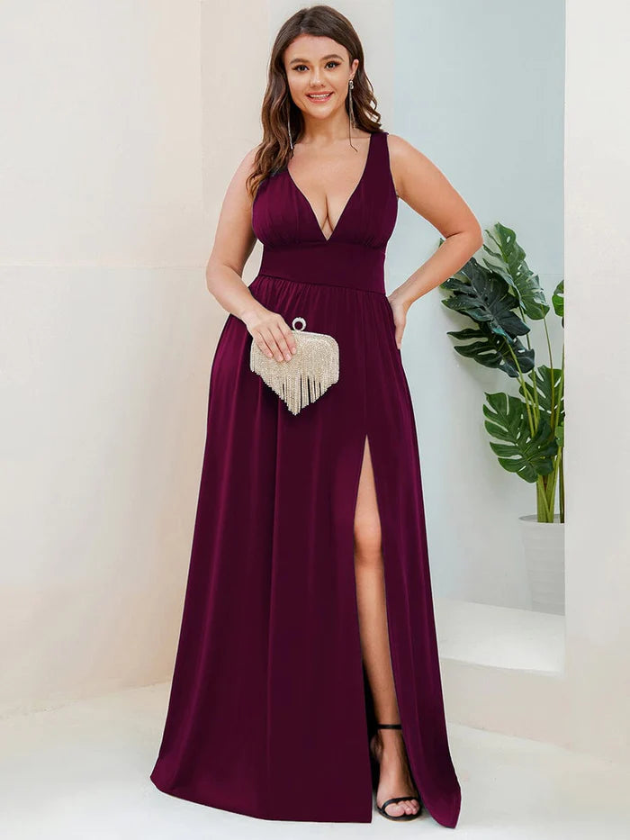 Plus Size Sleeveless V-Neck Empire Waist High Slit Floor-Length Evening Dress