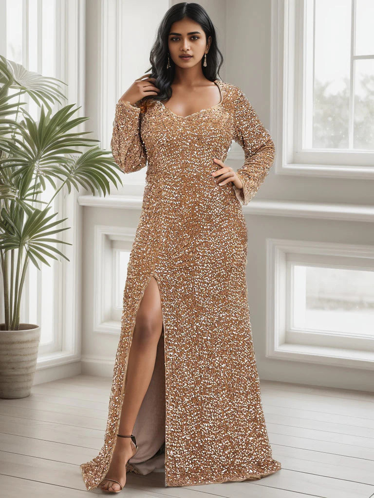 Plus Size Long Sleeve Sequin Front Slit Bodycon Evening Dress
