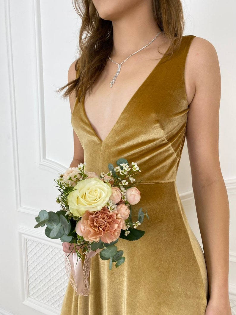 Velvet Prom Dres V Neck Dress Evening Dress Coctail dress Mustard Yellow velvet Dress