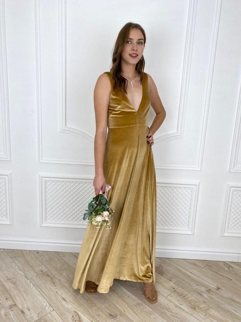 Velvet Prom Dres V Neck Dress Evening Dress Coctail dress Mustard Yellow velvet Dress
