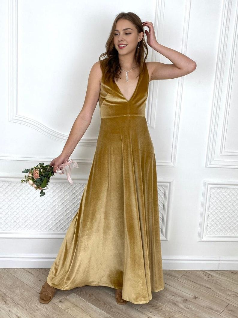 Velvet Prom Dres V Neck Dress Evening Dress Coctail dress Mustard Yellow velvet Dress