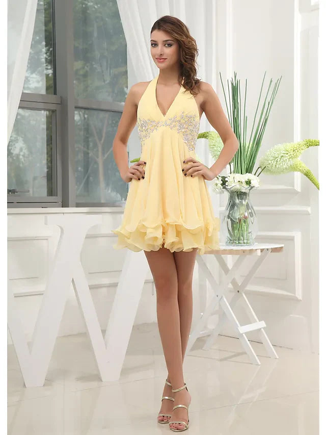 DingjiA-Line Elegant Party Wear Wedding Guest Cocktail Party Dress Halter Neck Sleeveless Short Mini Chiffon with Beading Tier