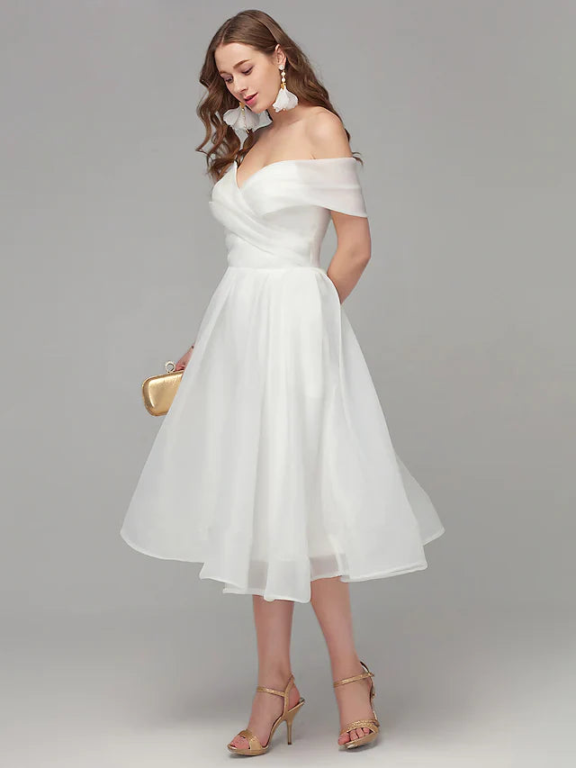 DingjiA-Line White Elegant Engagement Cocktail Party Dress Off Shoulder Sleeveless Tea Length Organza with Criss Cross Pleats