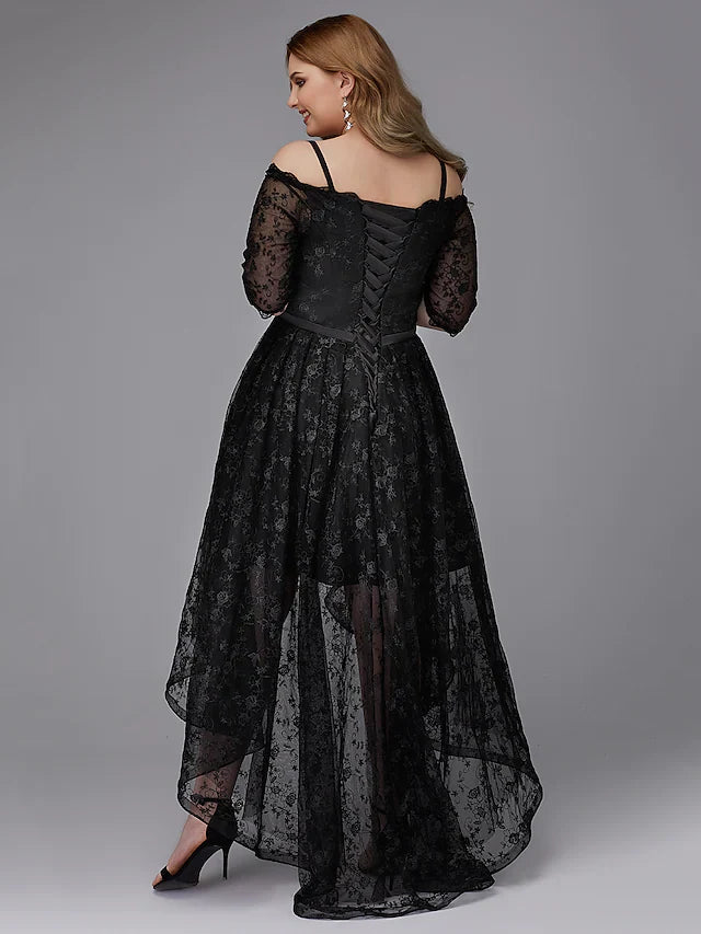 DingjiA-Line Plus Size Cocktail Party Prom Dress Spaghetti Strap Half Sleeve Asymmetrical Lace with Pleats Lace Insert