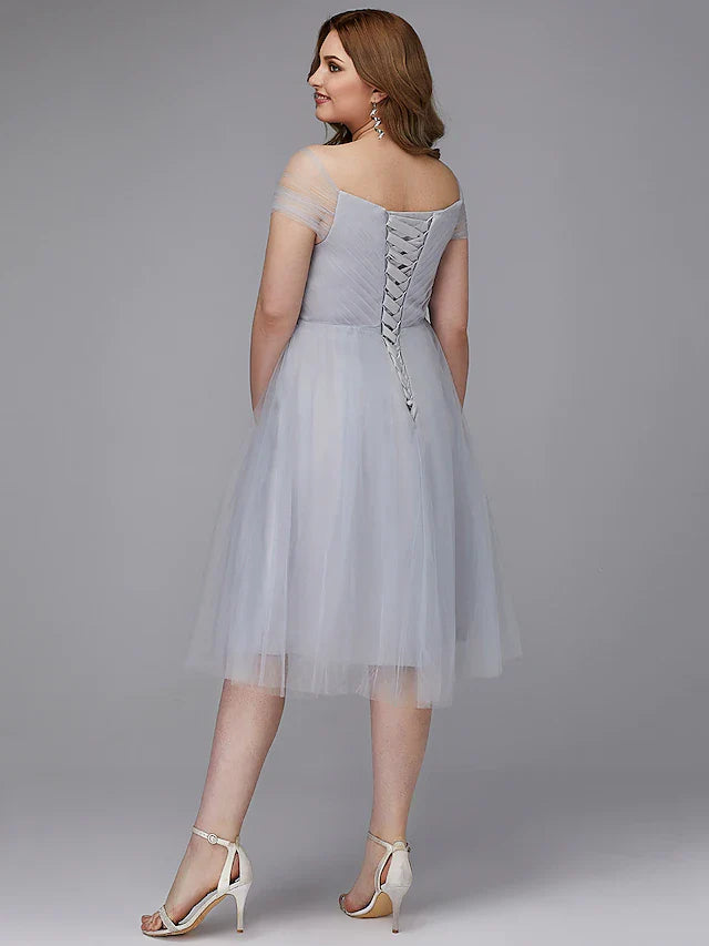 DingjiA-Line Elegant Cocktail Party Prom Dress Off Shoulder Short Sleeve Tea Length Tulle with Sash Ribbon Criss Cross