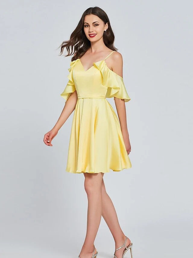 DingjiA-Line Minimalist Sexy Engagement Cocktail Party Dress V Neck Sleeveless Knee Length Satin with Pleats