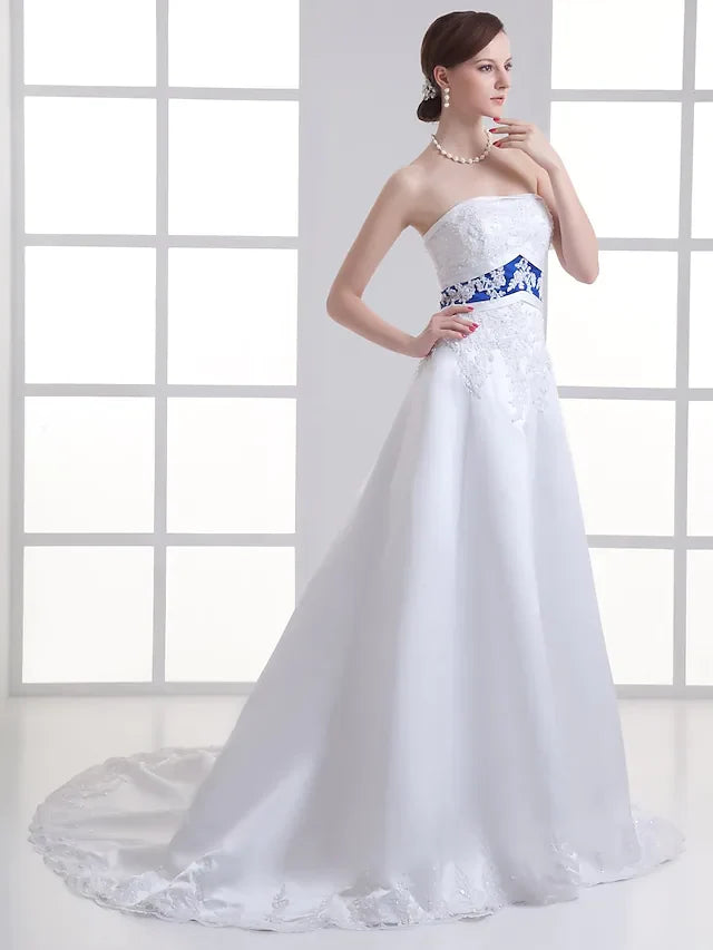 A-Line Wedding Dresses Strapless Court Train Lace Satin Strapless with Sashes Ribbons Beading Appliques