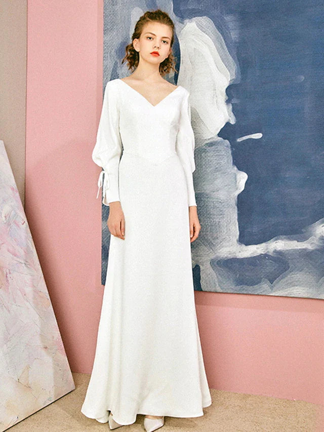 A-Line Wedding Dresses V Neck Floor Length Chiffon Long Sleeve Simple Vintage with Bow(s)