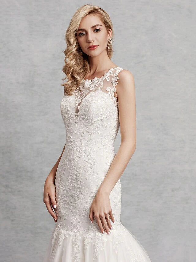 DingjiWedding Dresses Scoop Neck Court Train Lace Satin Tulle Regular Straps Beautiful Back with Lace Appliques