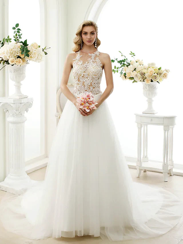 DingjiBall Gown Wedding Dresses Jewel Neck Chapel Train Lace Tulle Lace Over Tulle Regular Straps See-Through Beautiful Back with Buttons Appliques