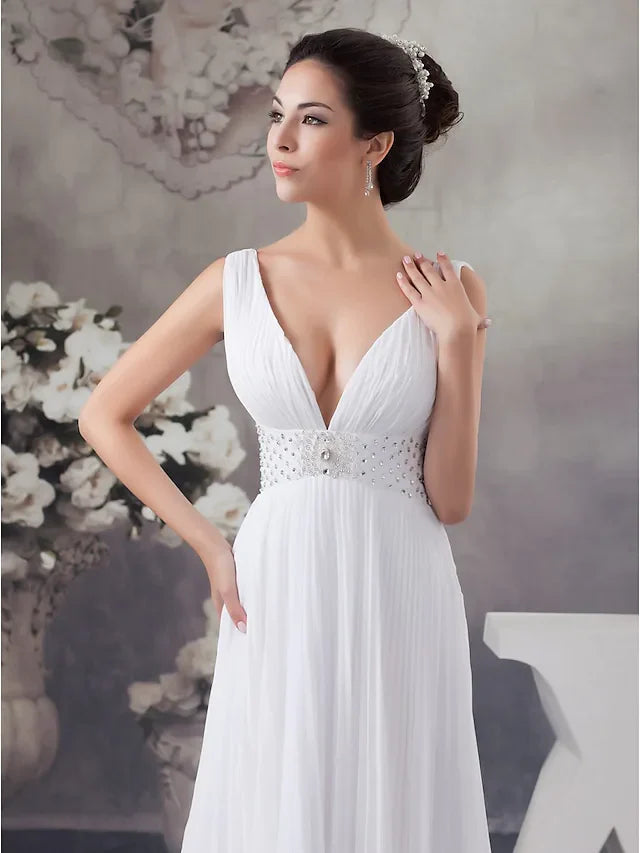 A-Line Wedding Dresses V Neck Chapel Train Chiffon Satin Regular Straps with Crystals Beading Draping