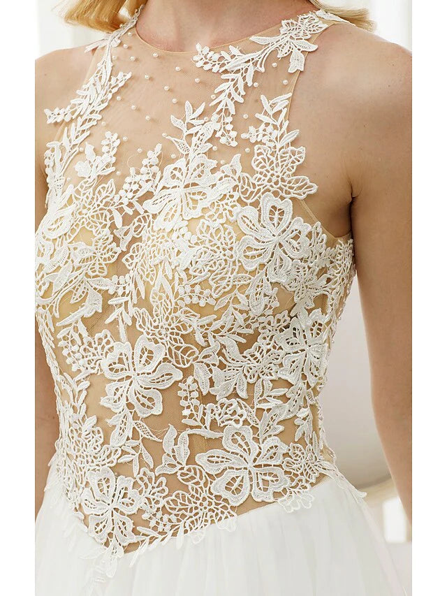 DingjiBall Gown Wedding Dresses Jewel Neck Chapel Train Lace Tulle Lace Over Tulle Regular Straps See-Through Beautiful Back with Buttons Appliques