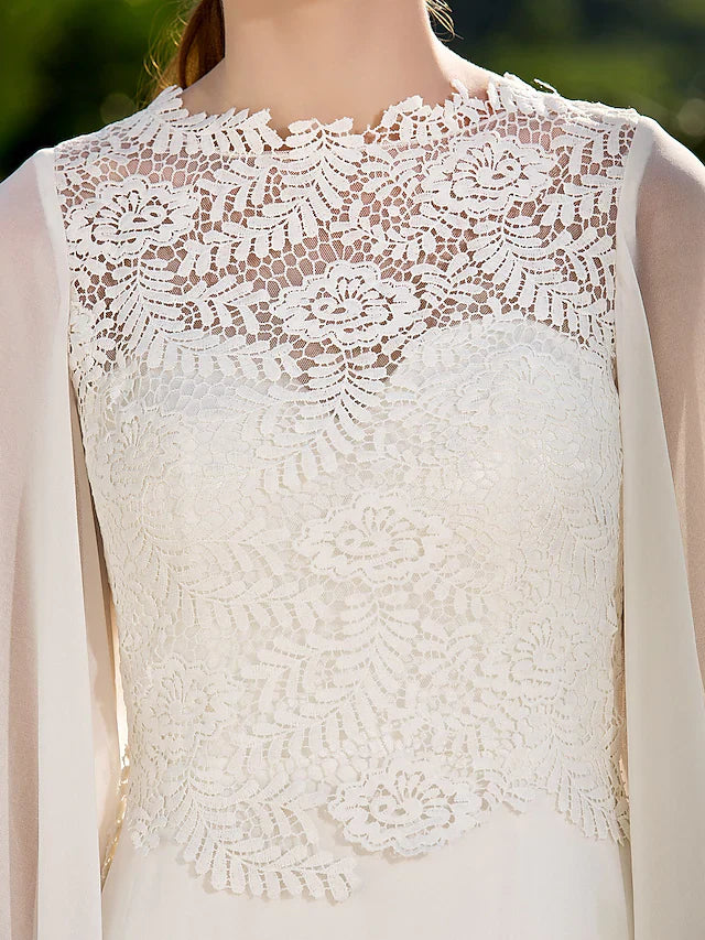 DingjiWedding Dresses Jewel NeckLace Georgette Long Sleeve Beach Illusion Detail Backless with Lace