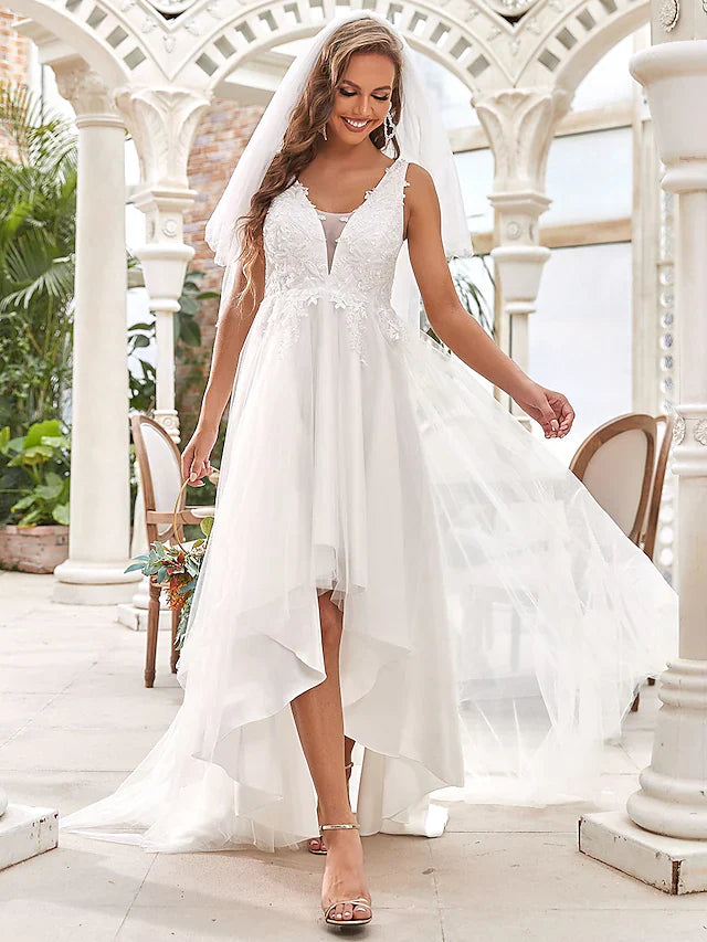 DingjiA-Line Wedding Dresses V Neck Chiffon Lace Tulle Sleeveless Romantic Casual with Lace Ruched Draping