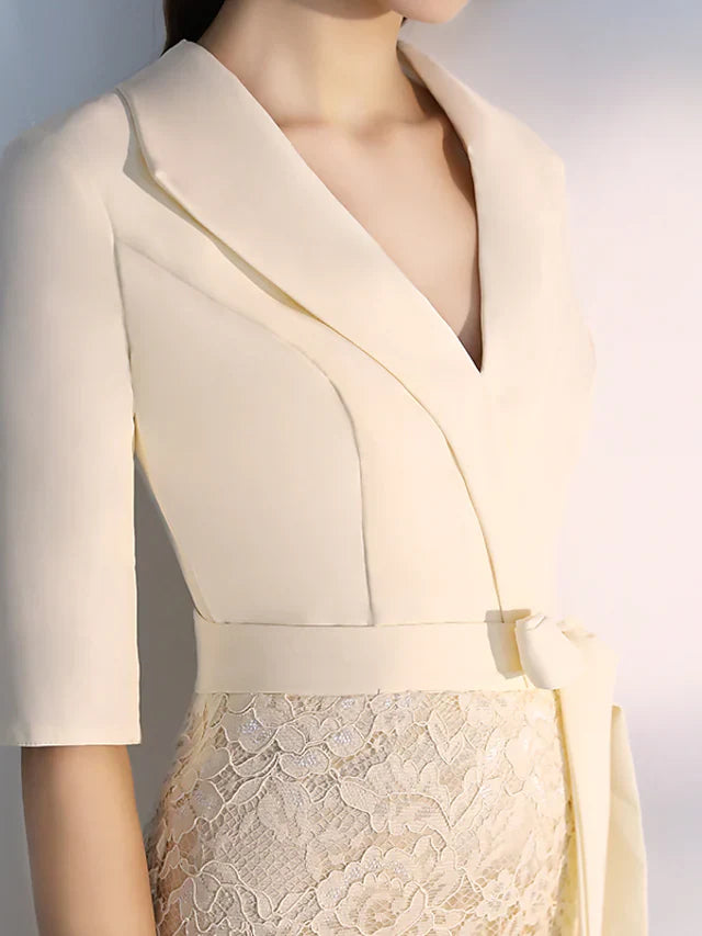 DingjiElegant bodycon Homecoming Cocktail Party Dress V Neck Half Sleeve Knee Length Lace Stretch Fabric with Sash Ribbon