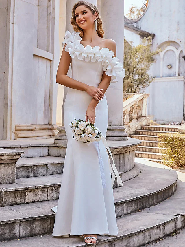Wedding Dresses Spaghetti Strap Off Shoulder Stretch Fabric Cap Sleeve Romantic Elegant with RufflesWedding Dresses Spaghetti Strap Off Shoulder Stretch Fabric Cap Sleeve Romantic Elegant with Ruffles