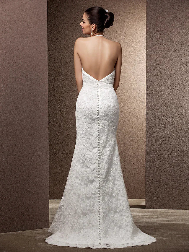 DingjiWedding Dresses Halter Neck Lace Regular Straps Open Back with Beading Flower Button