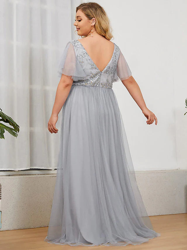 DingjiA-Line Plunging Neck Floor Length Tulle Sequined Plus Size Bridesmaid Dress with Sequin